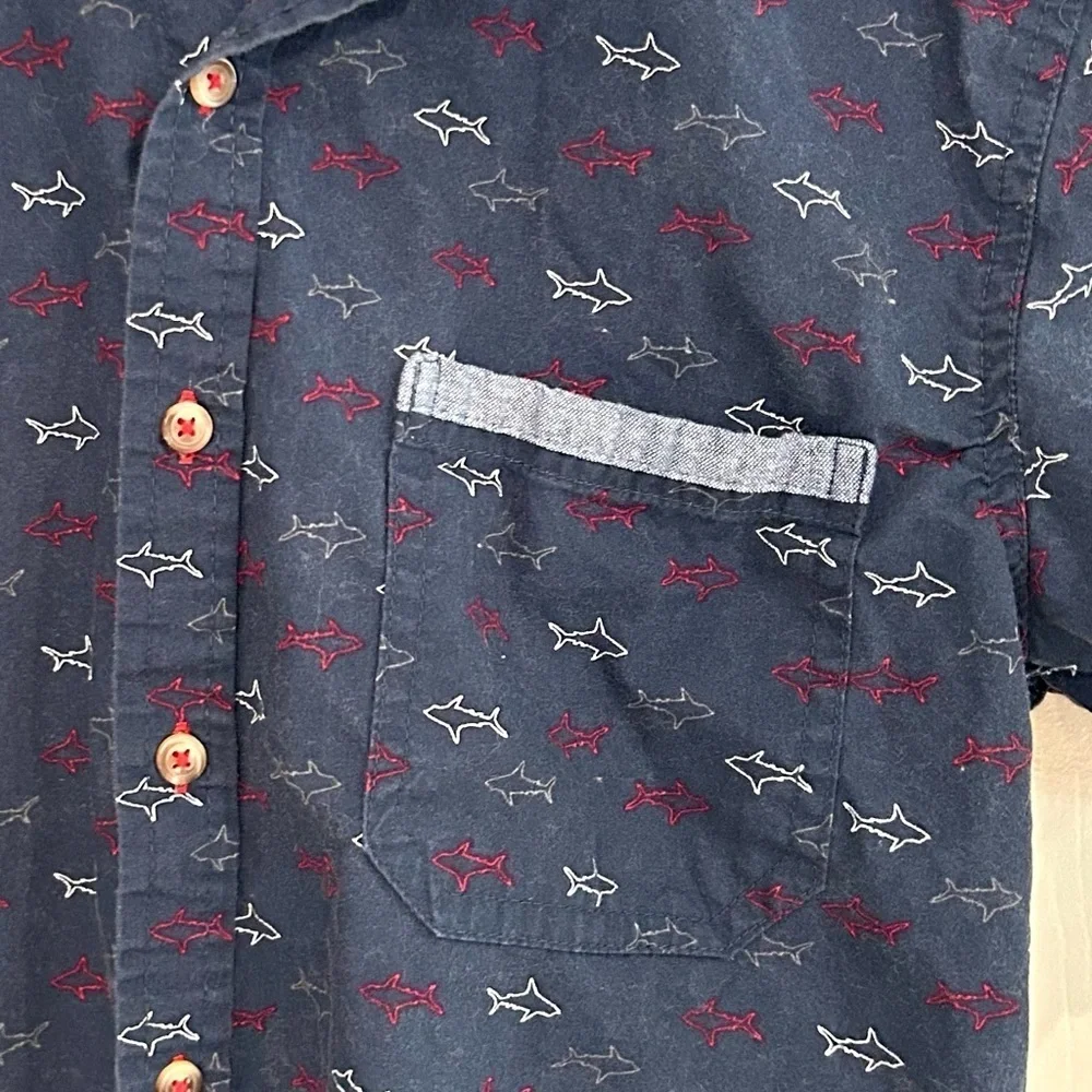 DCBD Boys Shark Shirt Size M Blue Short Sleeve Button Up Cotton Nautical Preppy
